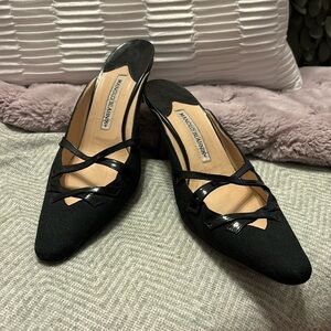 Manolo Blahnik Black Pointed Strappy Mules
